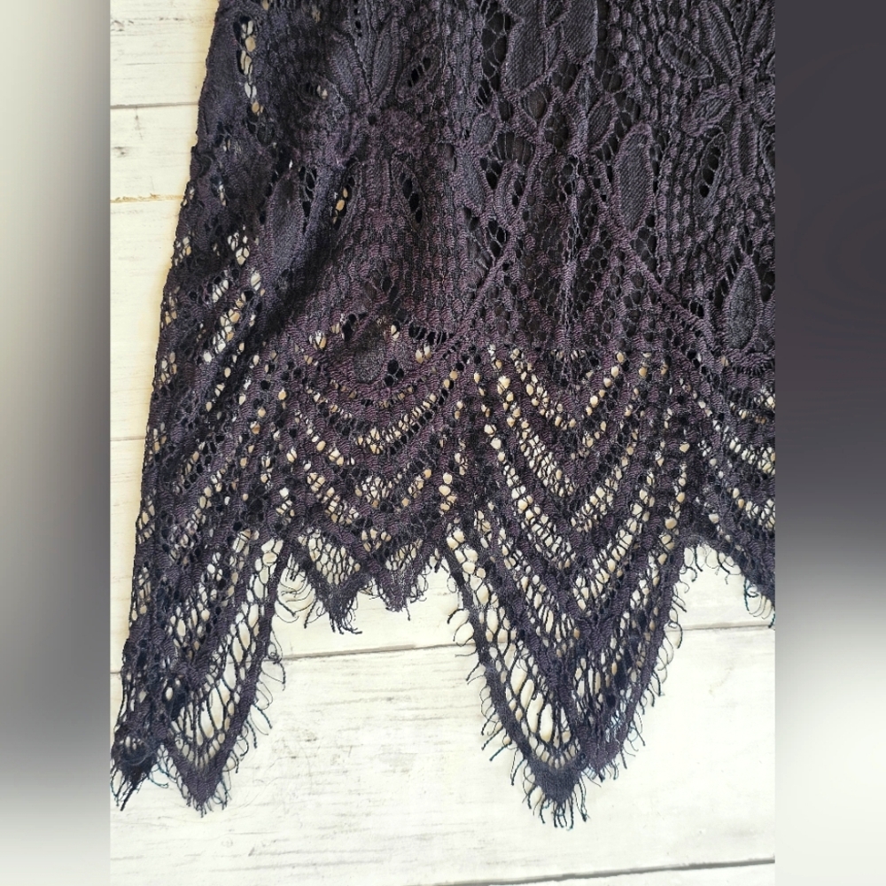 Love Fire Black Soft Lace Tank Dress Mock Neck Asymmetrical Lace Crochet - Picture 4 of 10